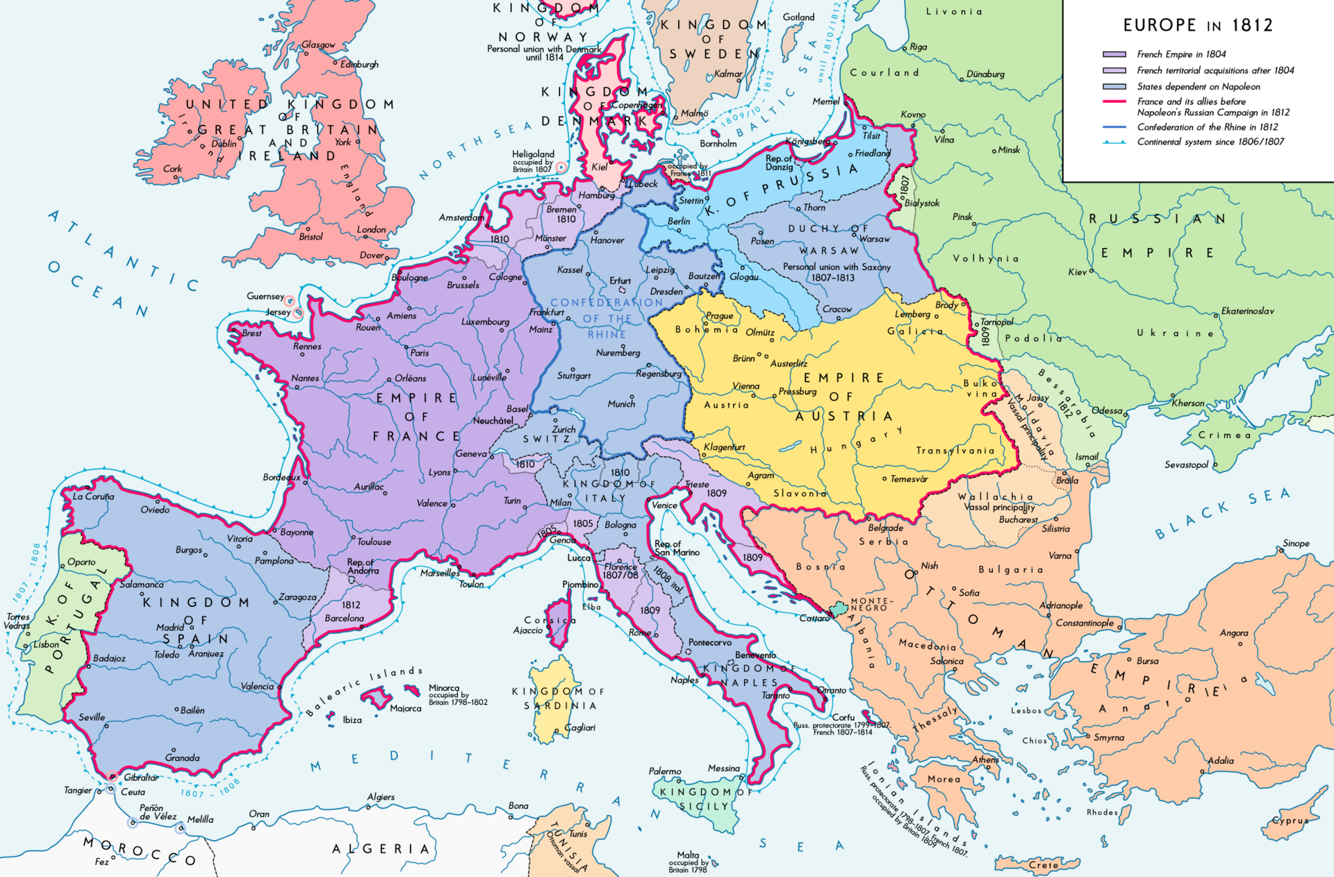 A map of Europe showing the French empire, its satellite states and its allies at the height of the Continental System.
