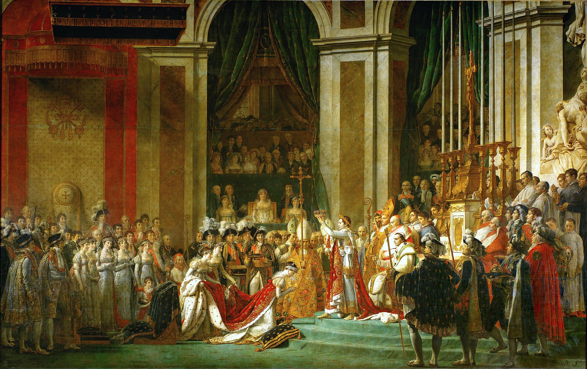 In a crowded cathedral Napoleon stands crowned, raising a crown above the kneeling Josephine as the Pope looks on.
