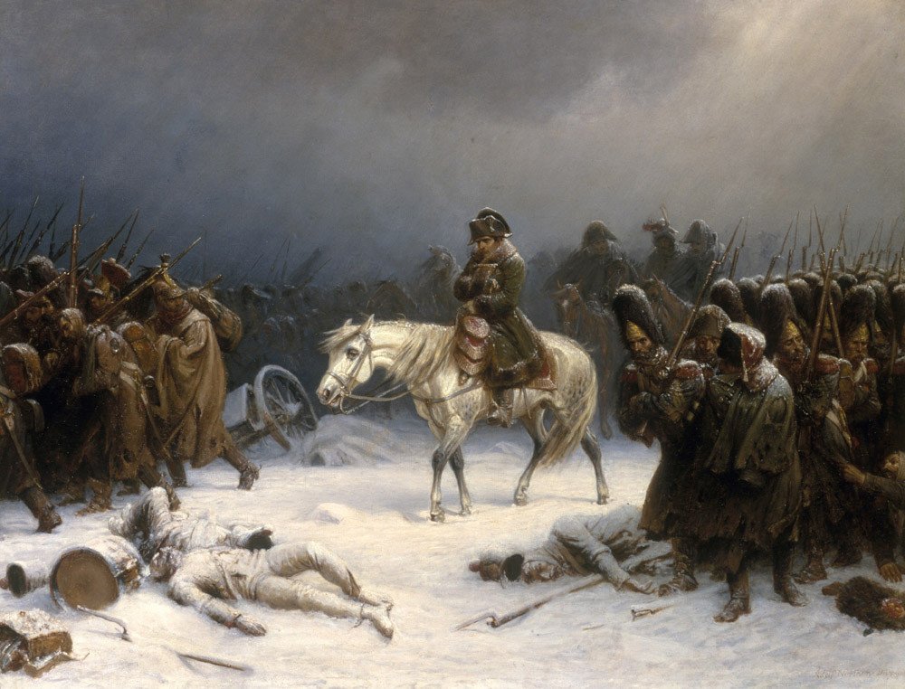 A column of ragged soldiers and horses struggles through deep snow under a grey sky, stragglers falling behind.