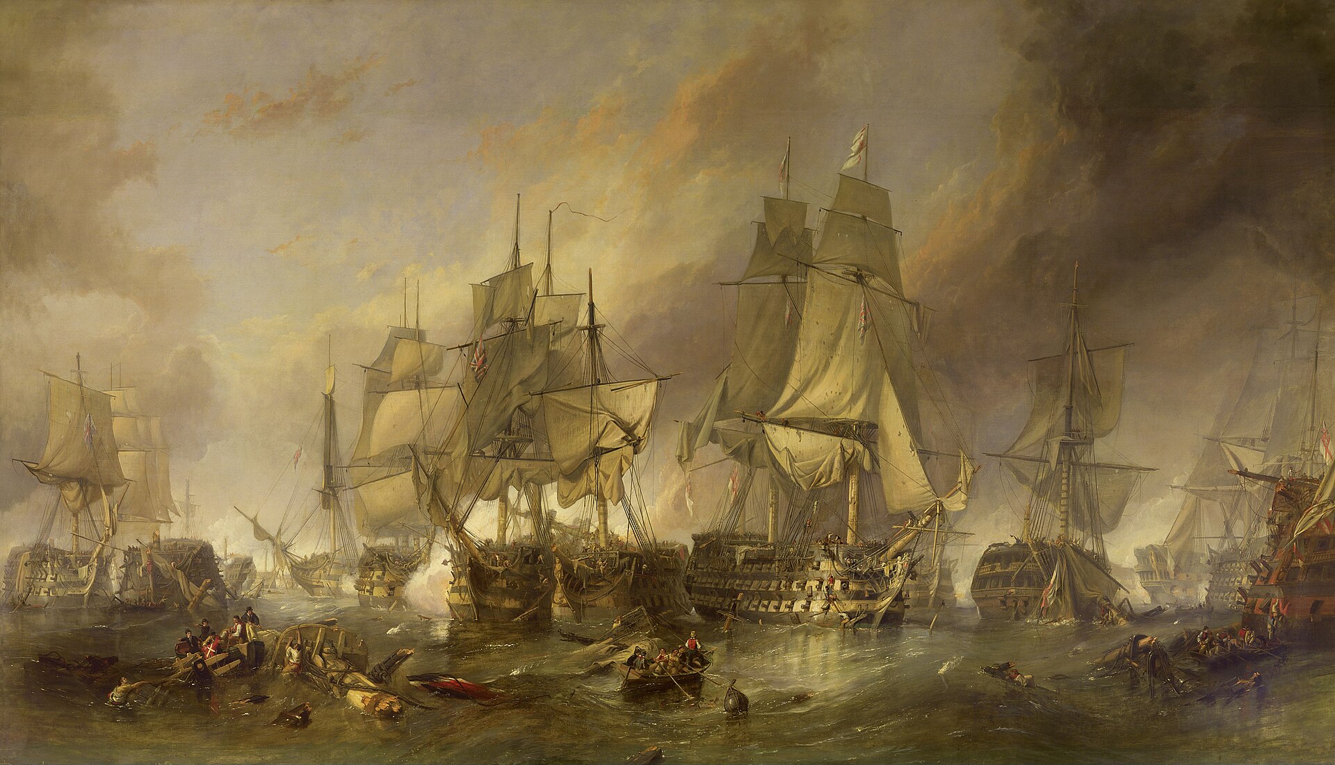 Ships of the line under full sail and heavy smoke, masts shattered, in a close fleet action at sea.
