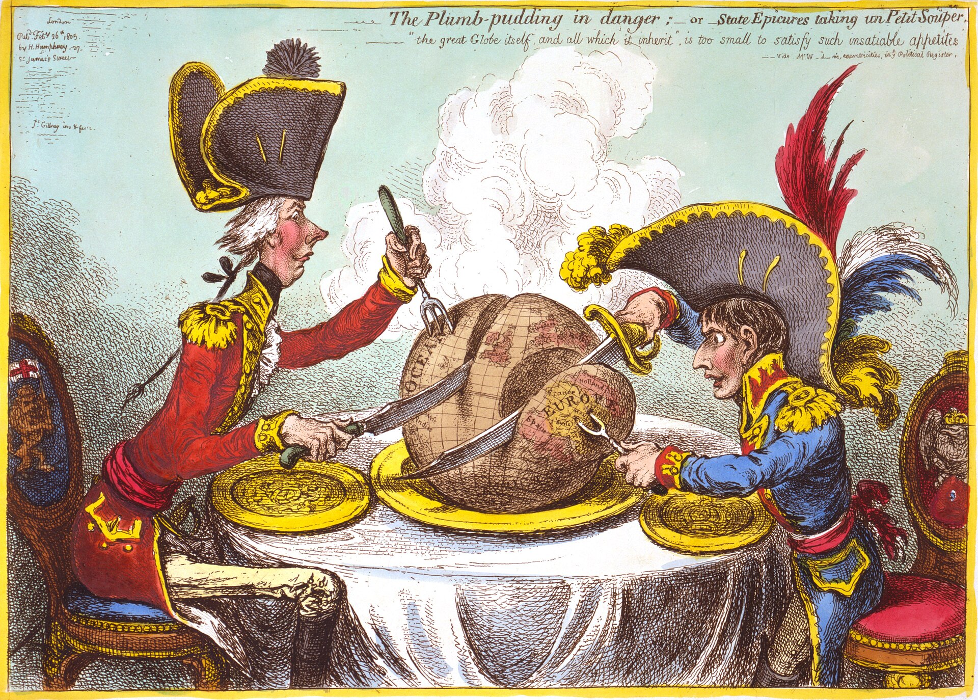 A caricature of William Pitt and Napoleon seated at a table, each carving a slice from a globe shaped like a pudding.