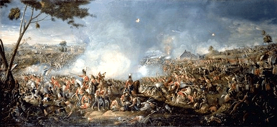 Infantry squares, cavalry and gun smoke spread across a broad field of battle under a heavy sky.