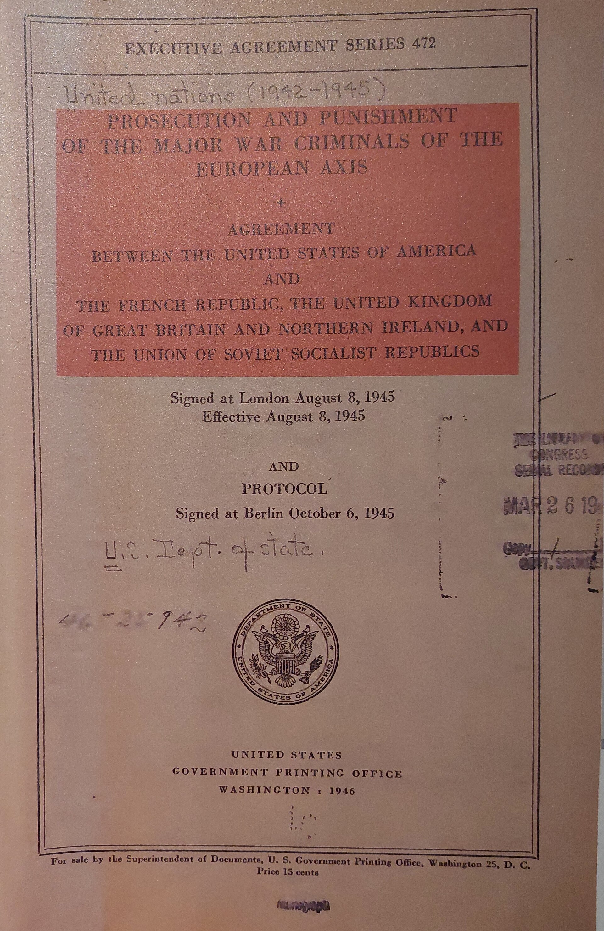 The title page of the agreement establishing prosecution and punishment of major European Axis war criminals is shown.