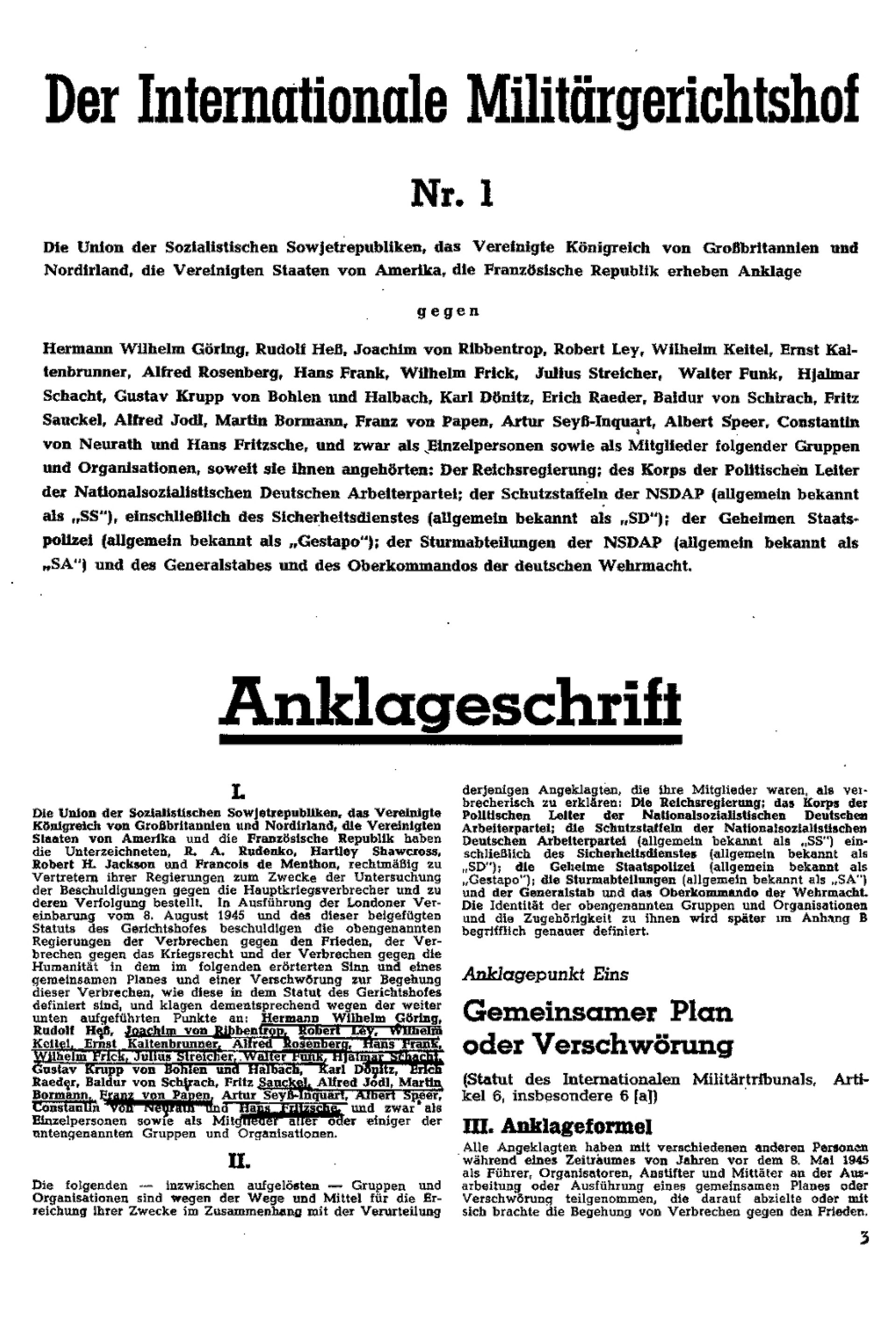 The German-language cover of the 1945 indictment against the major war criminals is displayed against a dark surface.