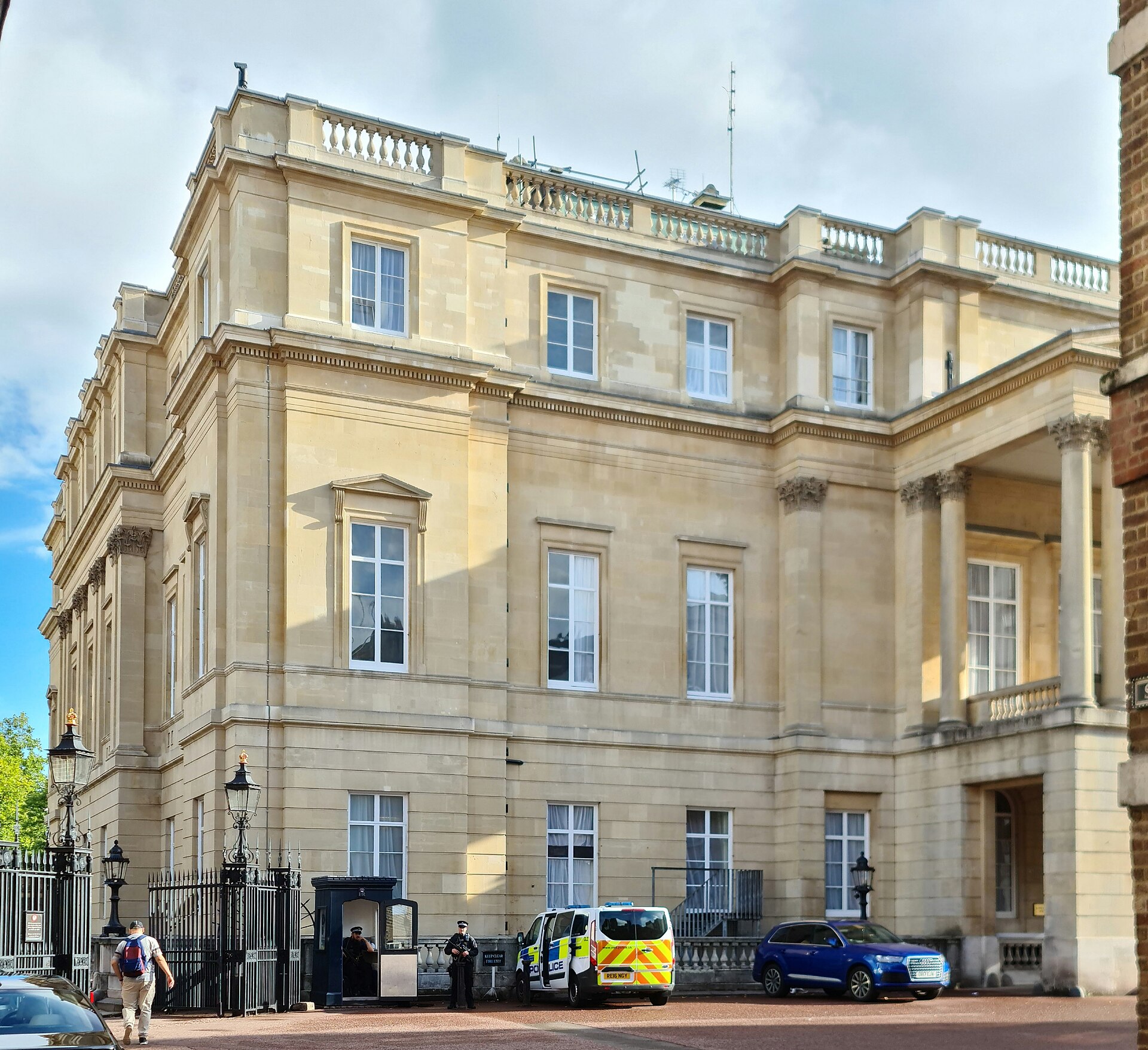 The stone facade and portico of Lancaster House in St James's, London.