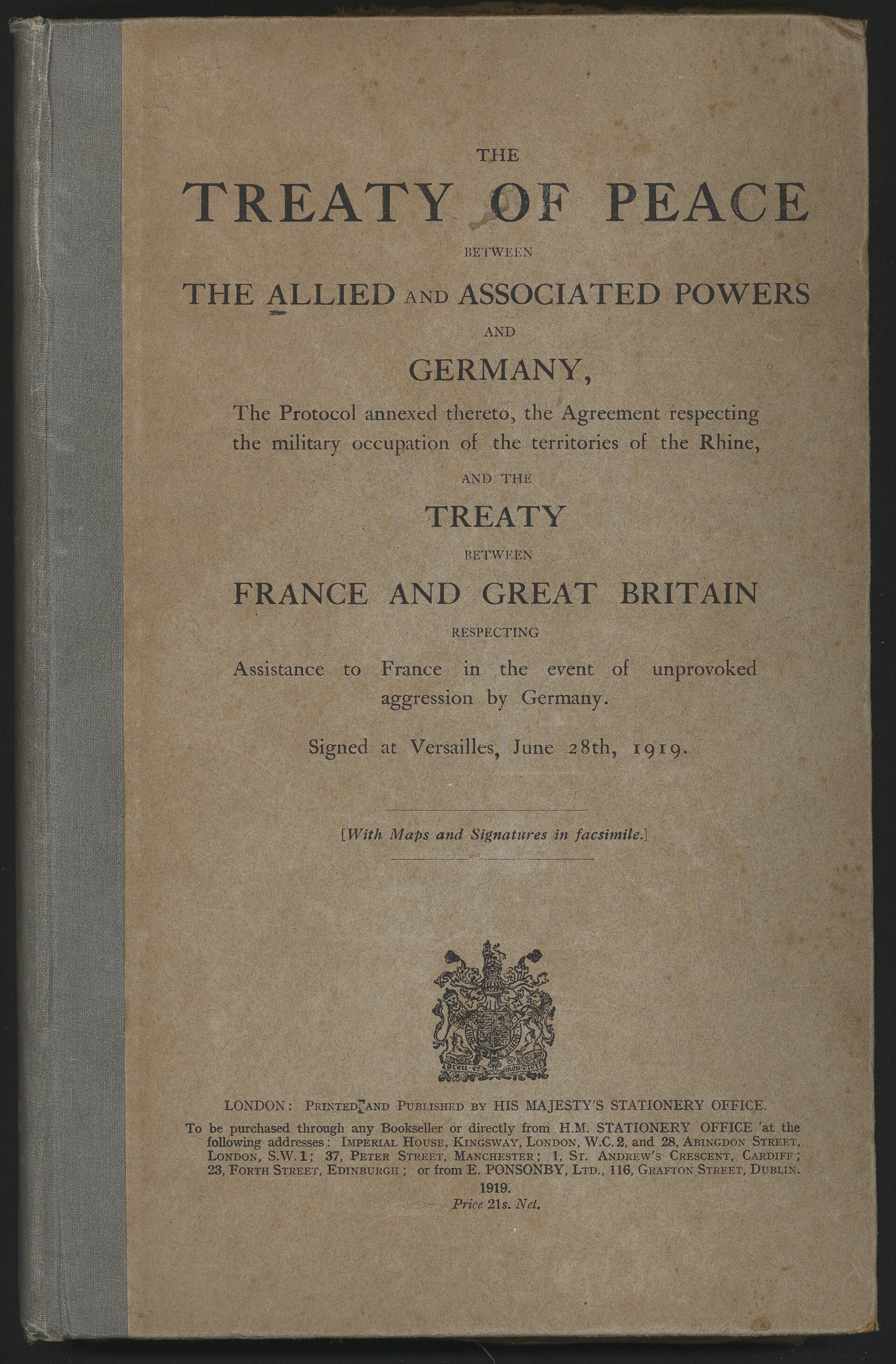 The opening page of the printed English text of the Treaty of Versailles.