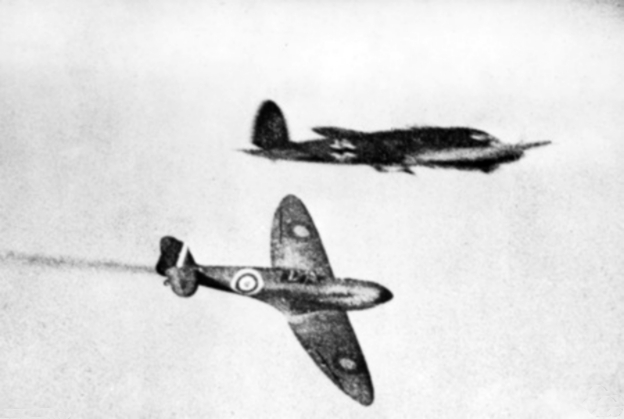 A British Spitfire closes on a German Heinkel bomber in flight during the Battle of Britain.