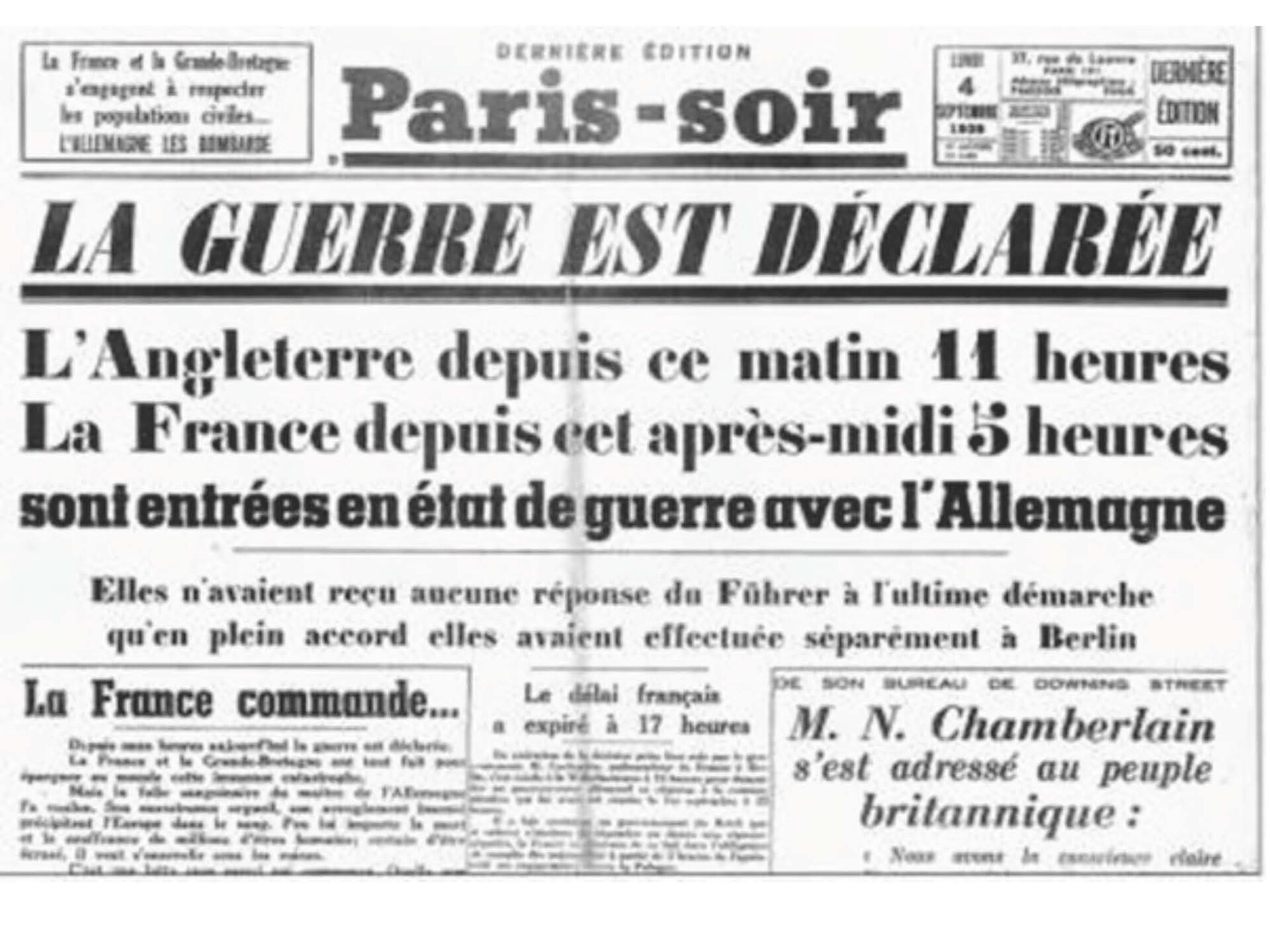 The front page of Paris-Soir announces in large type that France is at war with Germany.