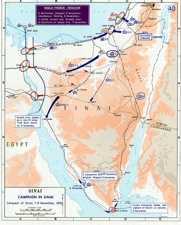 A military map traces Israeli advances across Sinai and Anglo-French operations around the Suez Canal in November 1956.