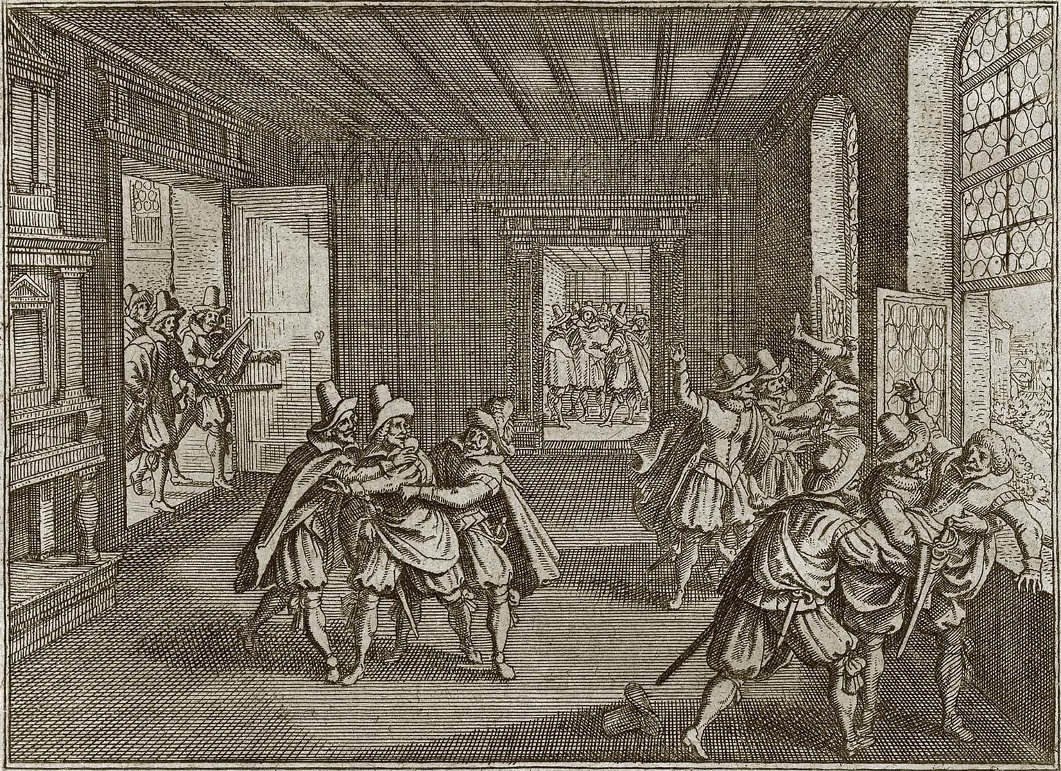 Men in seventeenth century dress throw two officials head first out of a castle window as others look on.