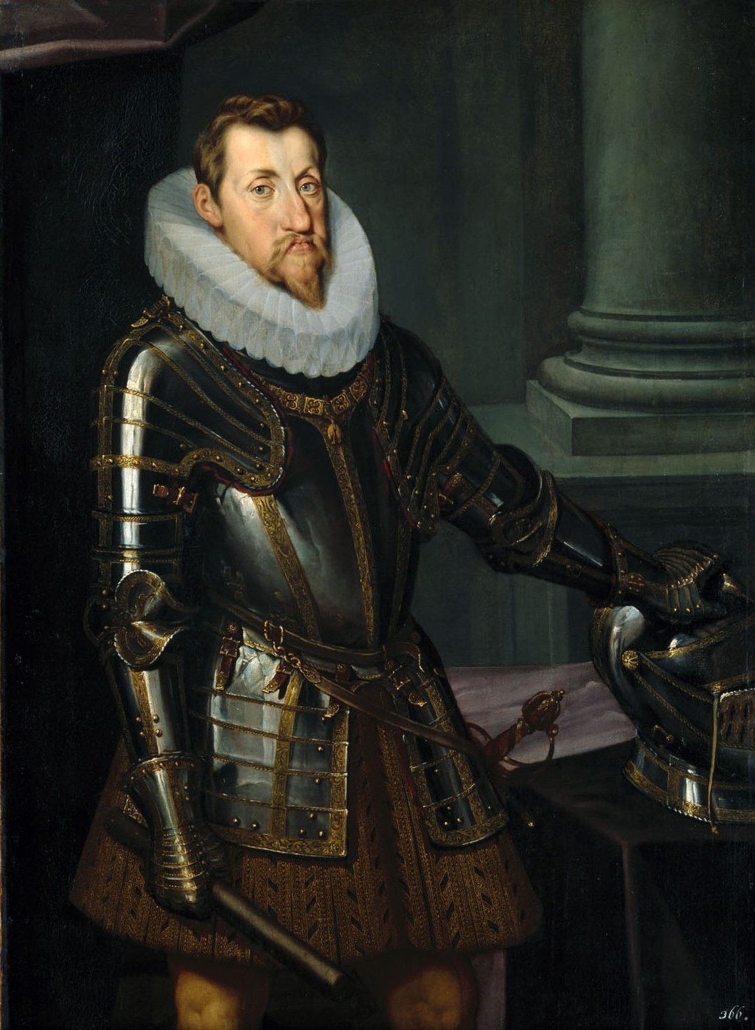 A portrait of the emperor Ferdinand II in dark court dress with a ruff.