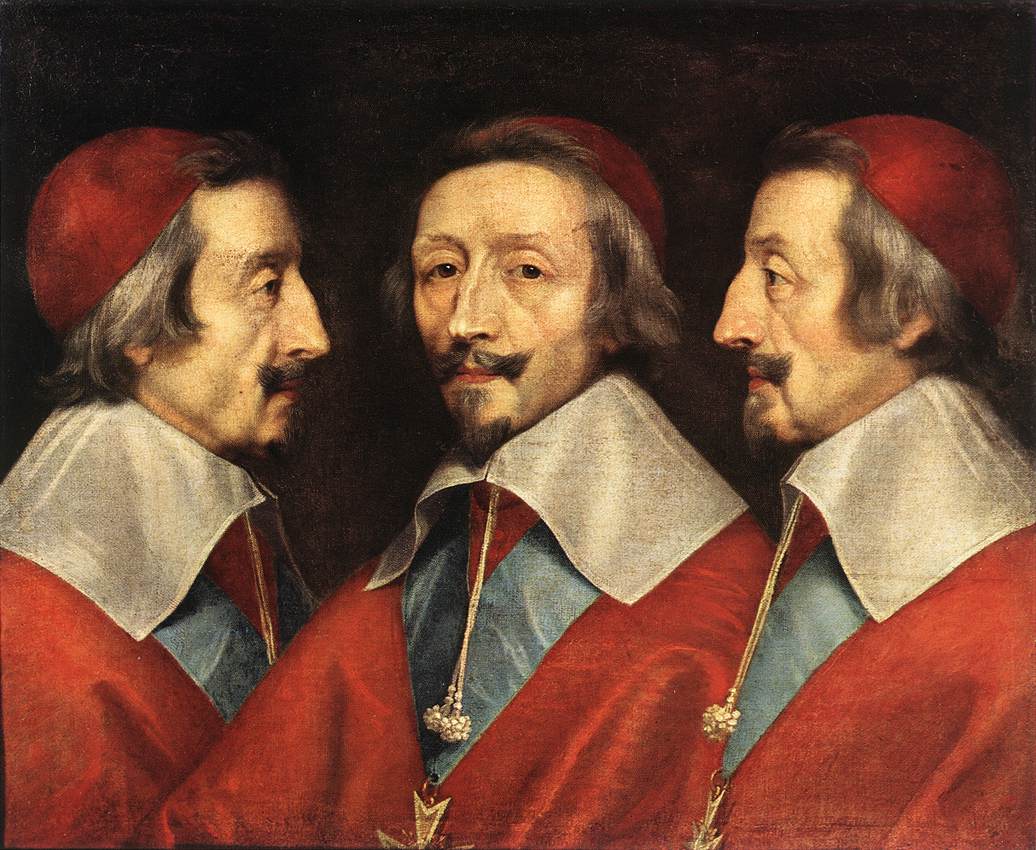 Cardinal Richelieu painted three times on one canvas, in profile from either side and facing forward.