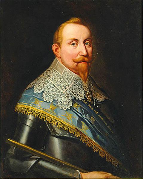 A portrait of Gustavus Adolphus of Sweden in armour with a lace collar.