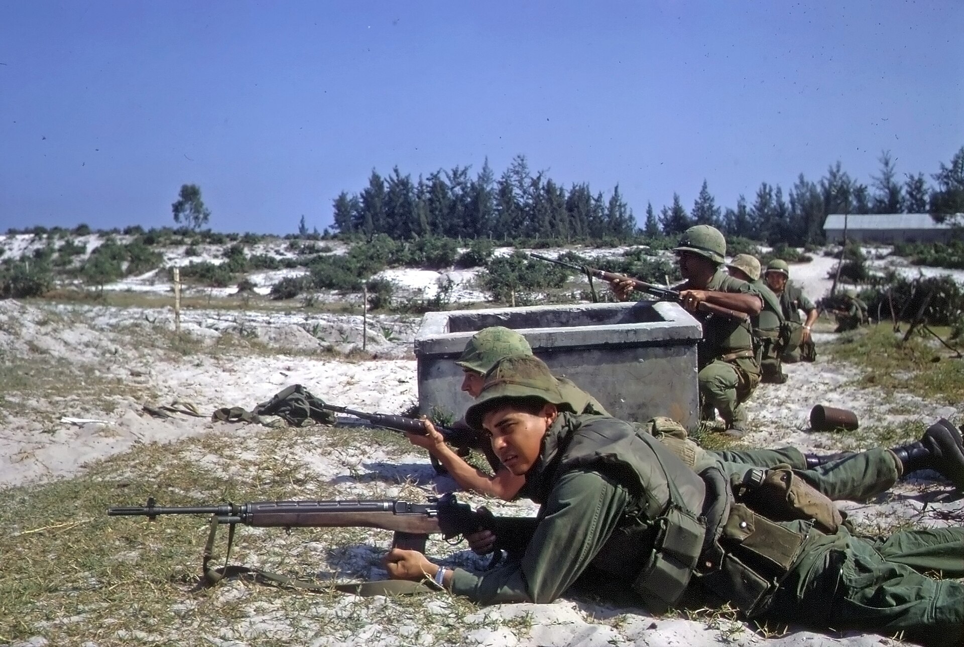 United States Marines and South Vietnamese soldiers defend a position during fighting in the Tet Offensive.